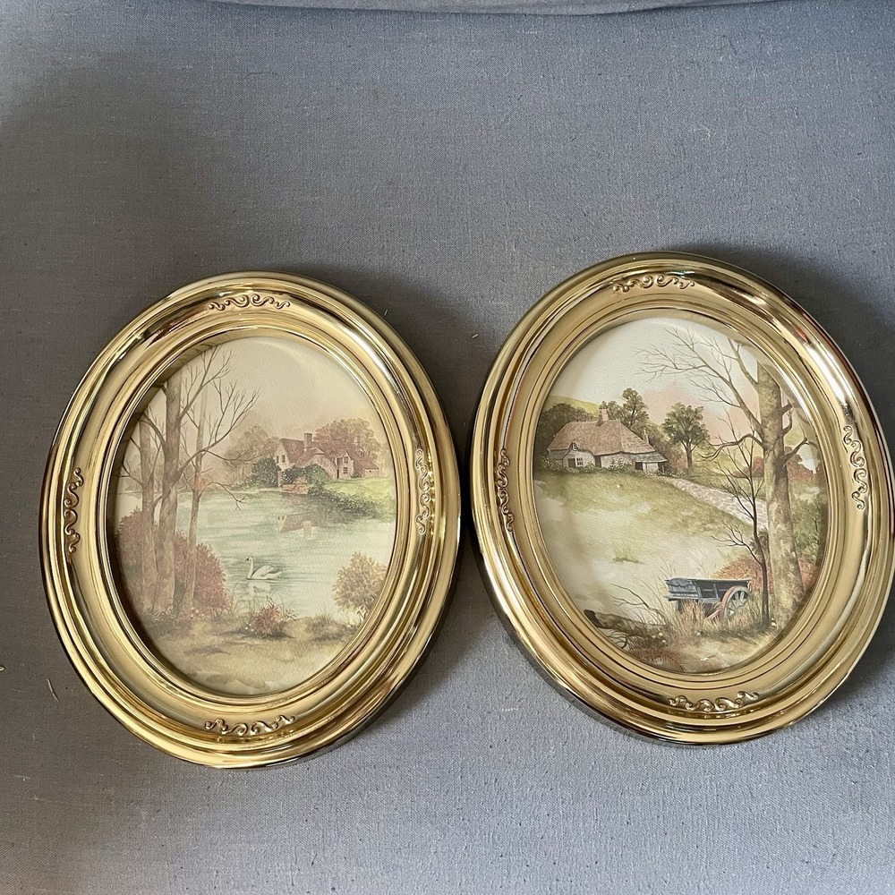Vintage HomCo F. Massa Countryside Prints Set of 2, 1983 Oval Gold Framed Art